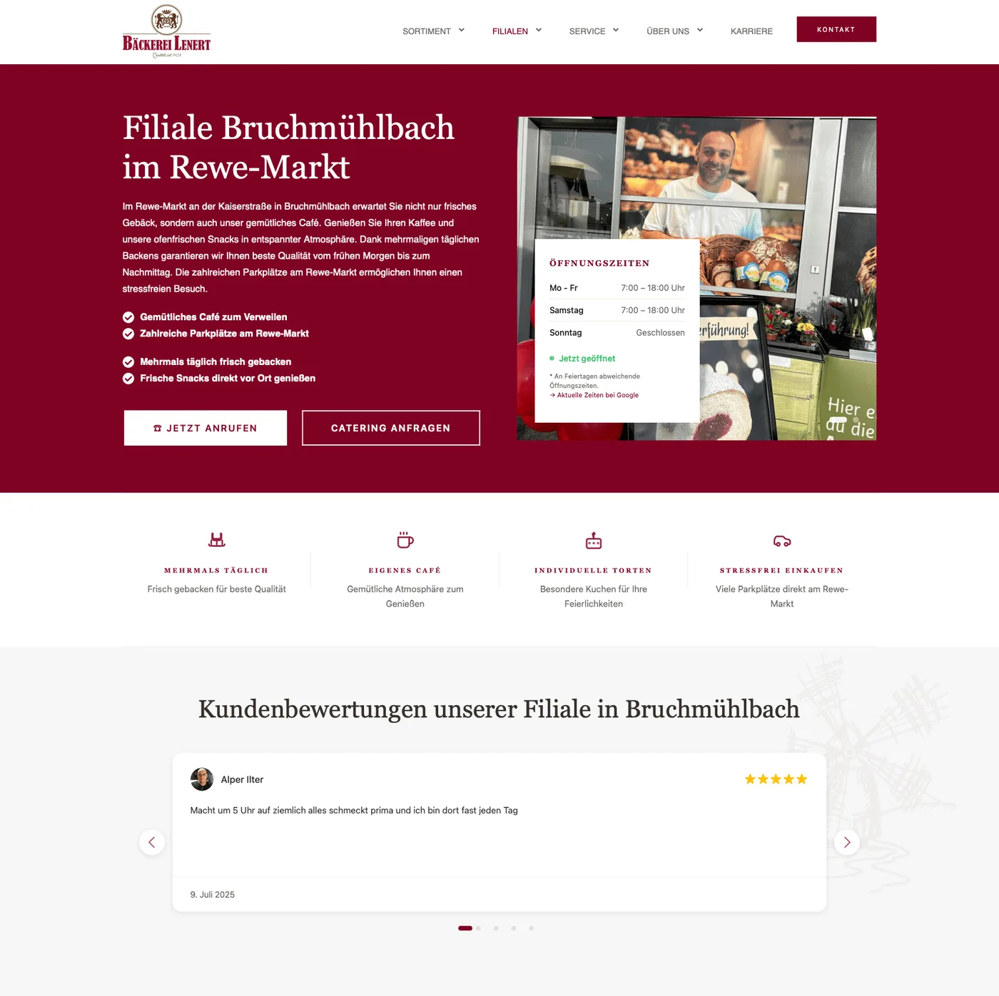 Filialseite der Bäckerei Lenert mit Bäcker-Porträt und Öffnungszeiten der Filiale Bruchmühlbach