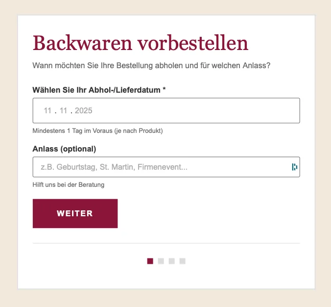 Vorbestell-Formular der Bäckerei Lenert: Abhol- oder Lieferdatum und Anlass, Schritt 1 von 4