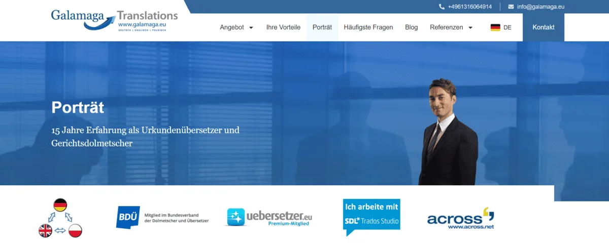 Startseite von Galamaga – Fachübersetzungen & Dolmetschen mit Porträtfoto und Sprachauswahl