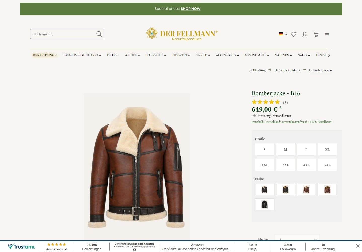 Produktseite „Bomberjacke - B16“ auf der-fellmann.de am 01.10.2026 mit Preis 649,00 Euro, Größen und fünf Farben