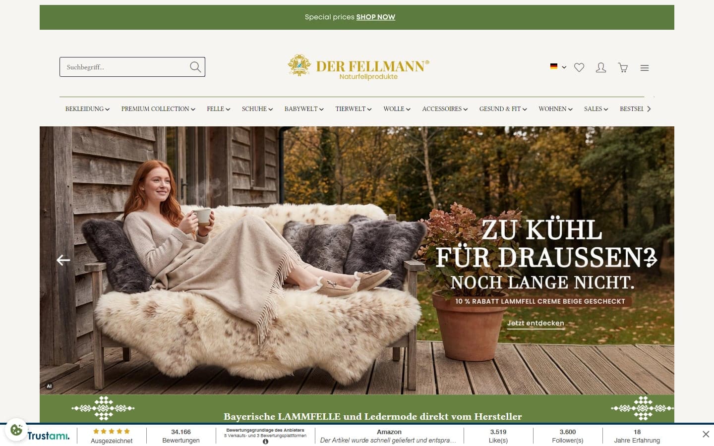 Startseite von der-fellmann.de am 01.10.2026: Logo „Der Fellmann Naturfellprodukte“, Menü mit zwölf Bereichen und ein Bild mit Lammfellen auf einer Terrasse
