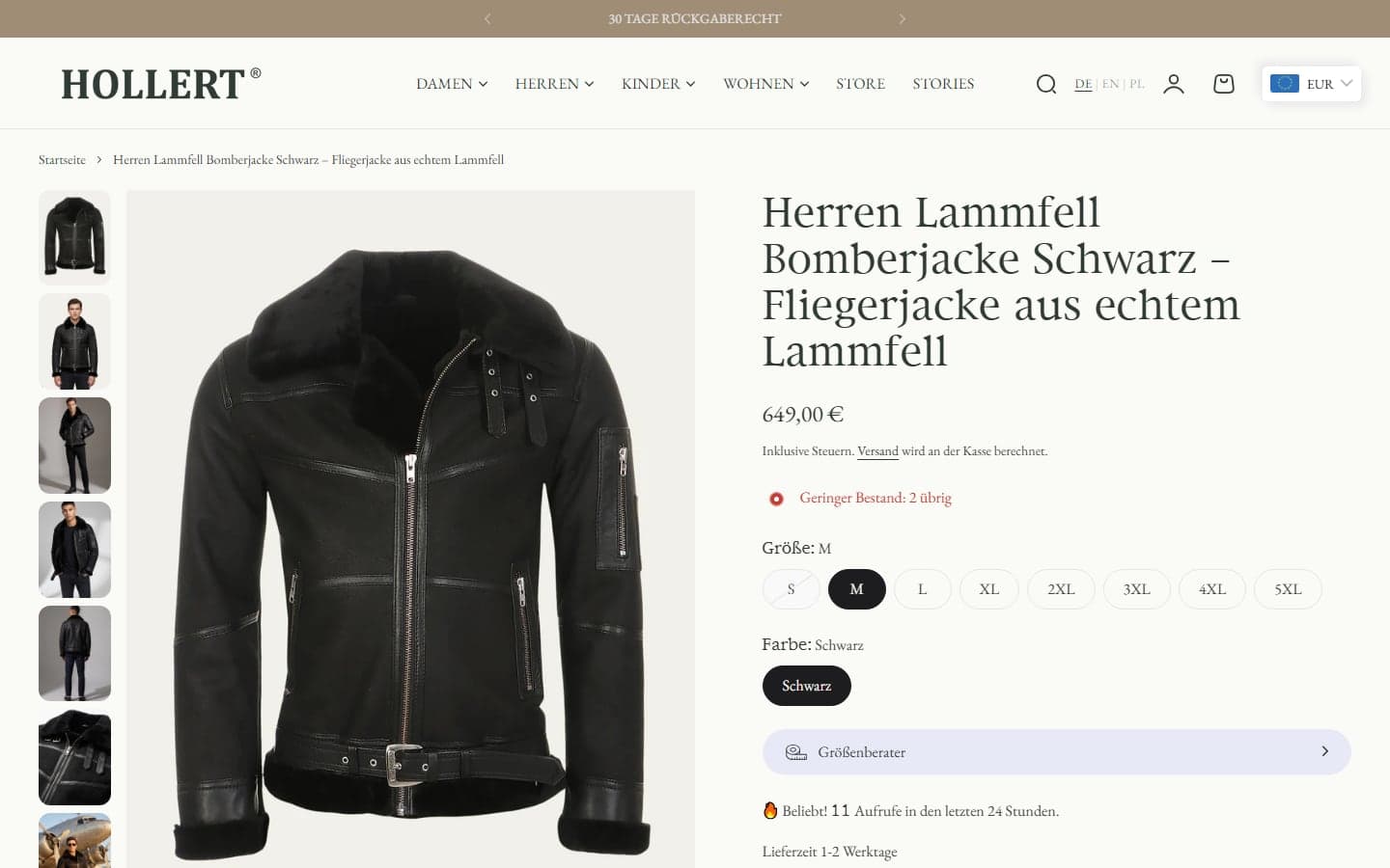 Produktseite „Herren Lammfell Bomberjacke Schwarz“ auf hollert-fashion.de am 01.10.2026 mit Bildergalerie, Preis 649,00 Euro, Bestandshinweis und Größenwahl