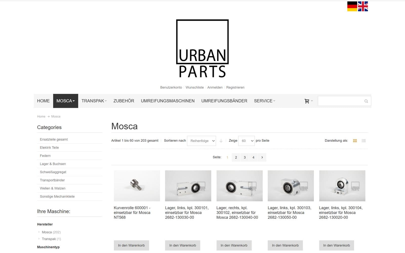 Kategorieseite Mosca im Magento-Shop mit Kategorienliste links und Produktraster, Stand 25.04.2026