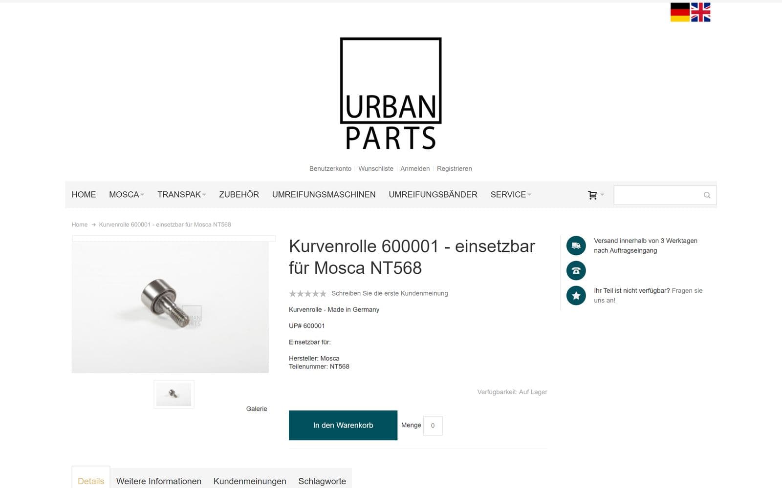 Produktseite der Kurvenrolle 600001 im Magento-Shop mit Artikelnummer, Verfügbarkeit und Warenkorb-Knopf, Stand 25.04.2026
