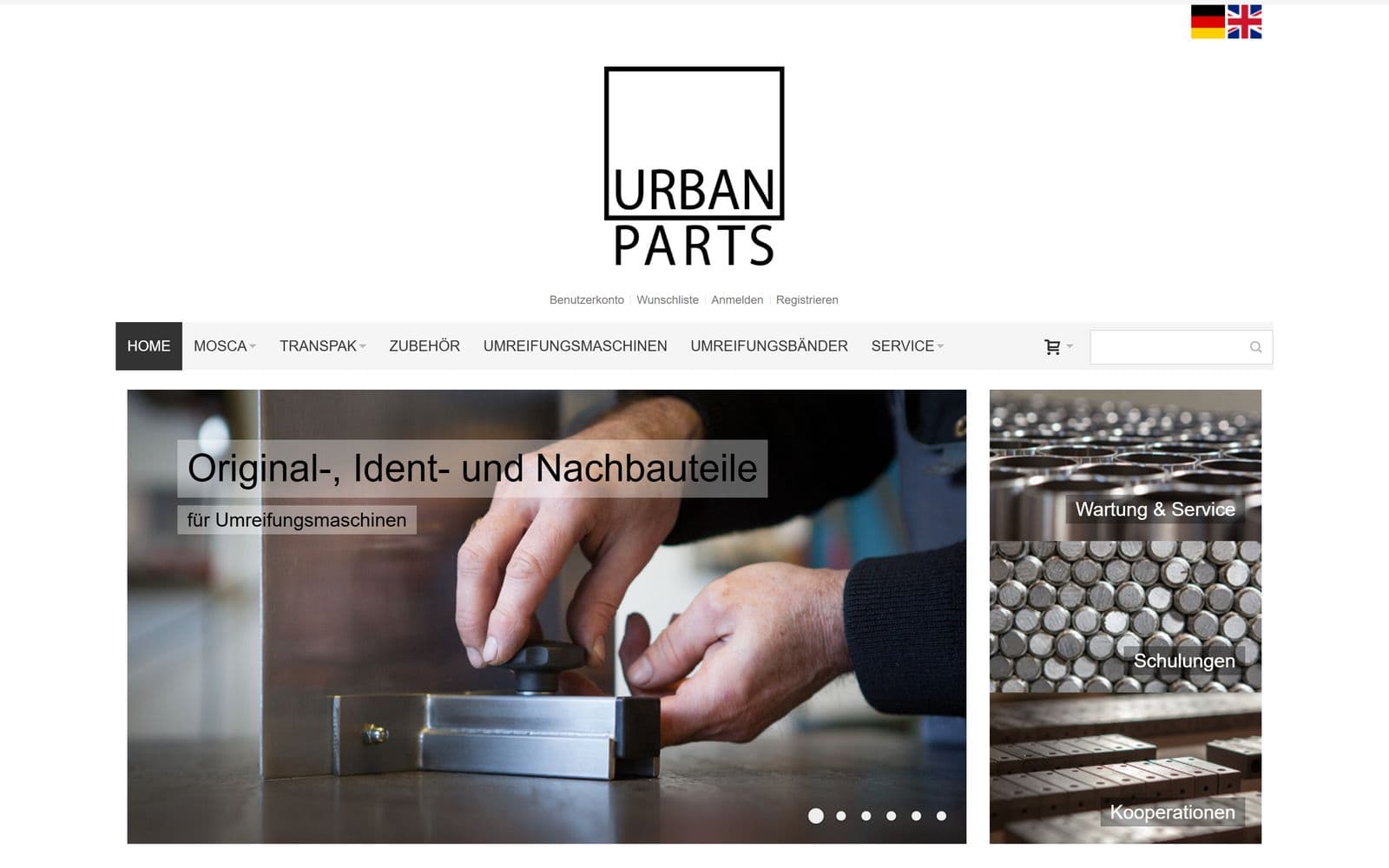 Startseite des Magento-Shops von Urban Parts mit Logo, Menüleiste in Großbuchstaben und Bild-Slider, Stand 25.04.2026