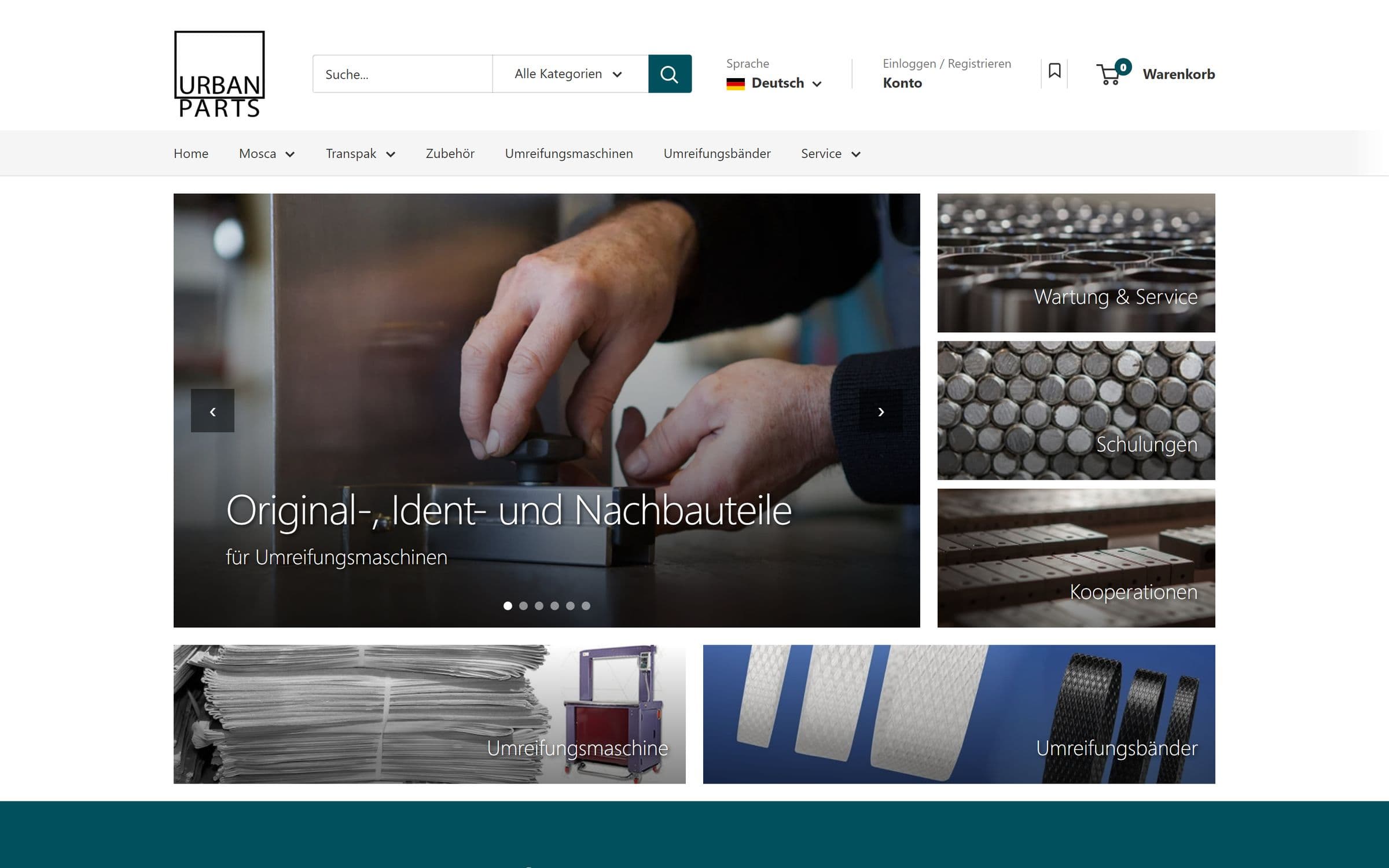 Startseite des neuen Shopify-Shops von Urban Parts mit Bild-Slider „Original-, Ident- und Nachbauteile für Umreifungsmaschinen“, Stand 30.09.2026
