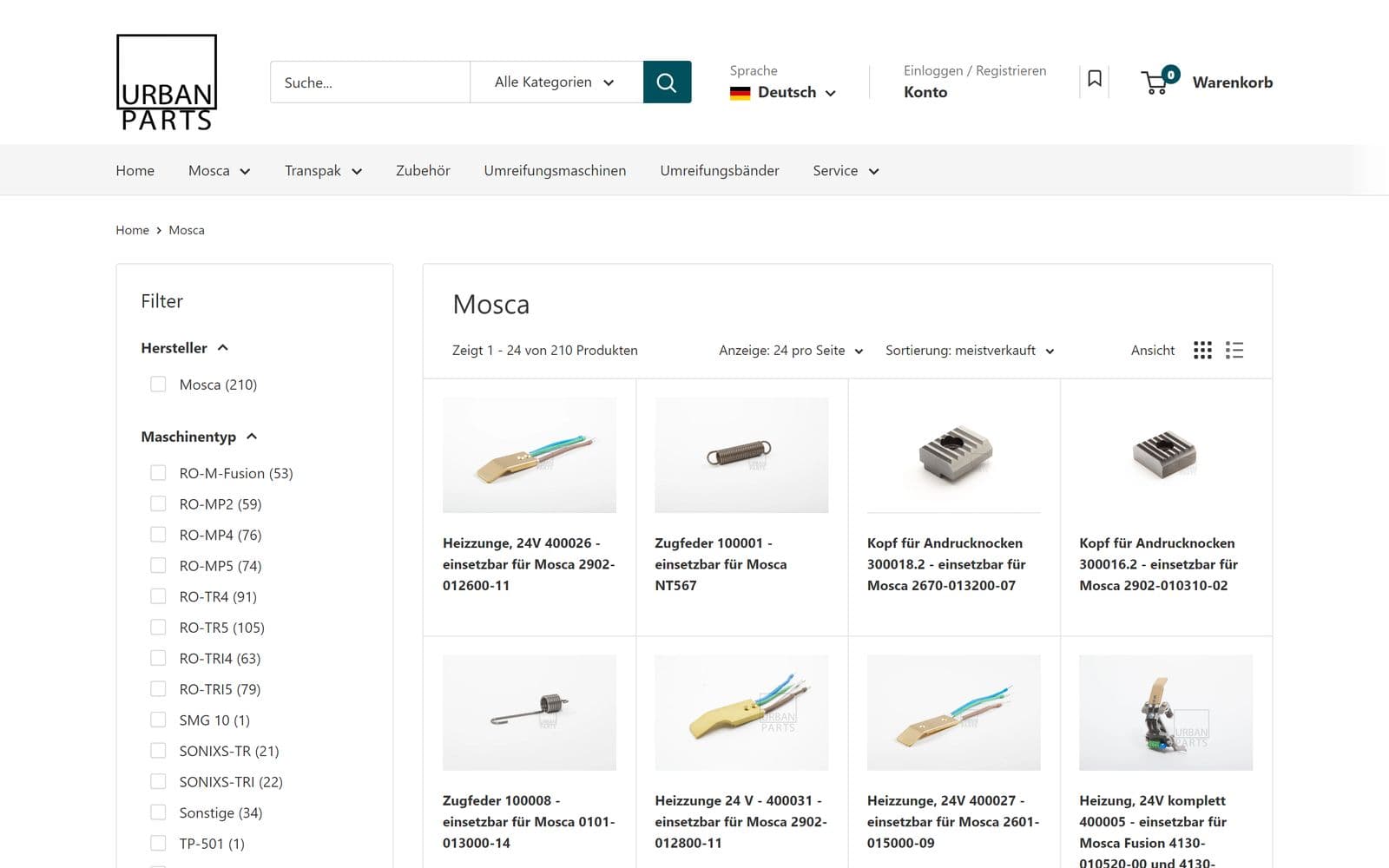 Kategorieseite Mosca im Shopify-Shop mit Filterleiste links und Produktraster, Stand 30.09.2026