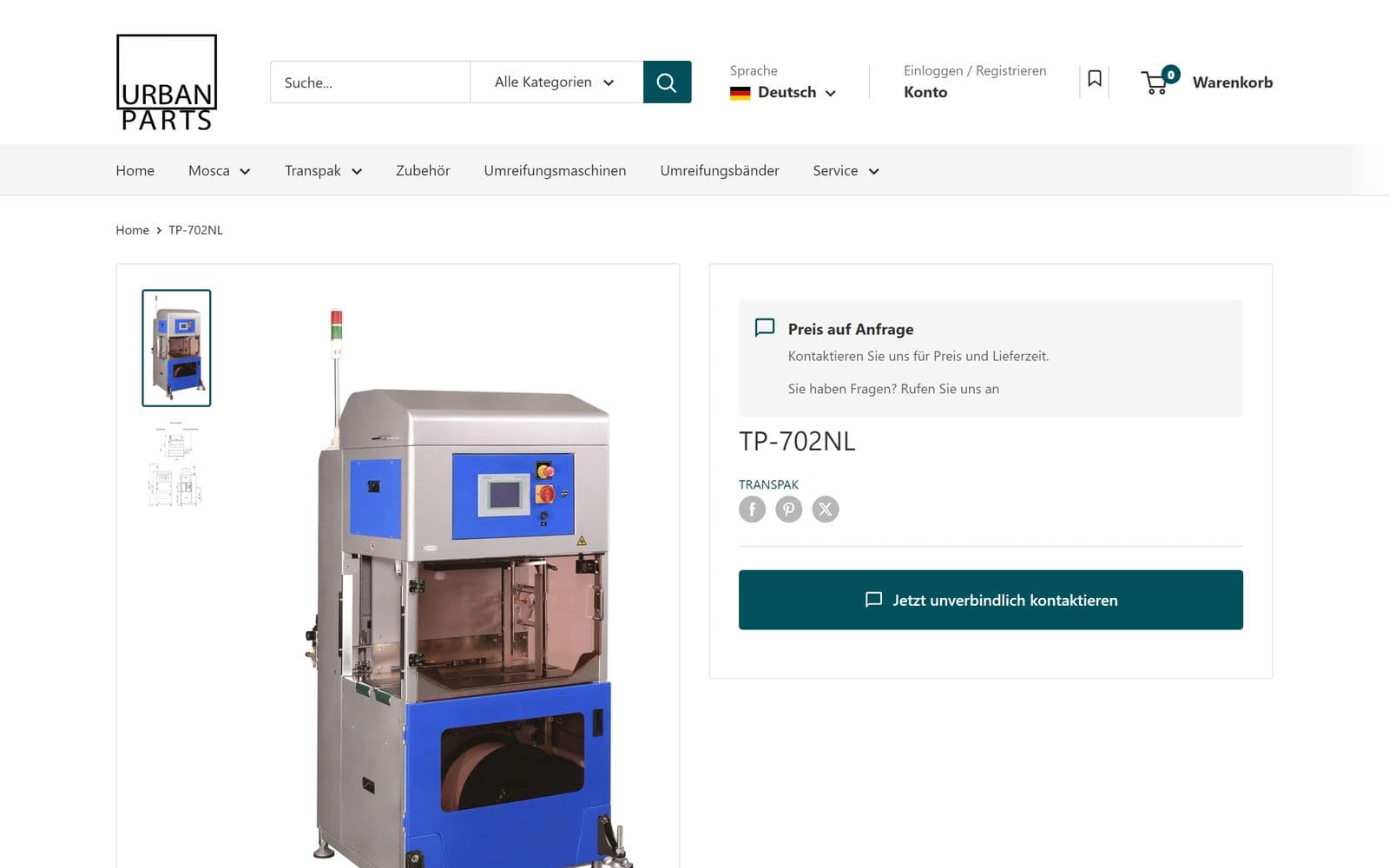 Produktseite der Umreifungsmaschine TP-702NL im Shopify-Shop von Urban Parts mit „Preis auf Anfrage“ und Kontaktknopf statt Warenkorb, Stand 30.09.2026
