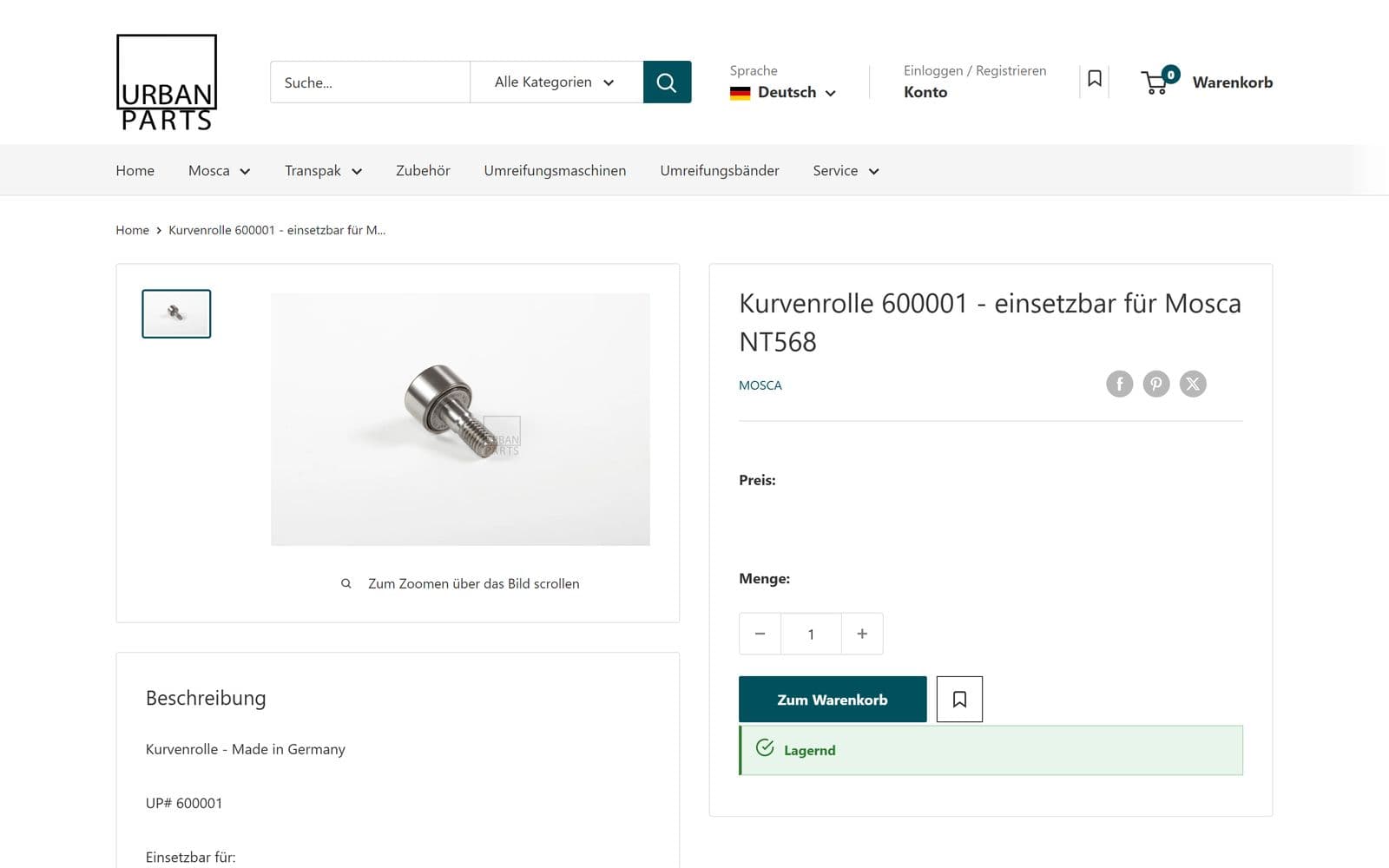 Produktseite derselben Kurvenrolle 600001 im Shopify-Shop mit Mengenwahl, Warenkorb- und Merkliste-Knopf und der Verfügbarkeitsanzeige „Lagernd“, Stand 30.09.2026
