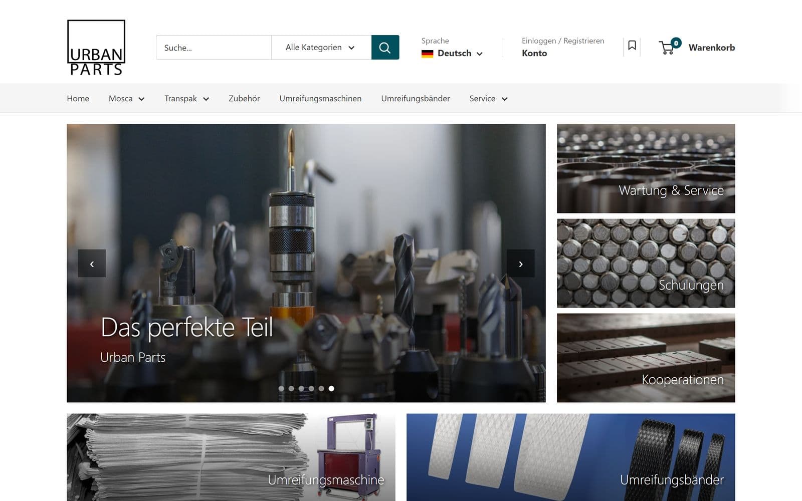 Startseite des Shopify-Shops von Urban Parts mit Suchfeld, Sprachwahl, Konto, Merkliste und Warenkorb in der Kopfzeile, Stand 30.09.2026