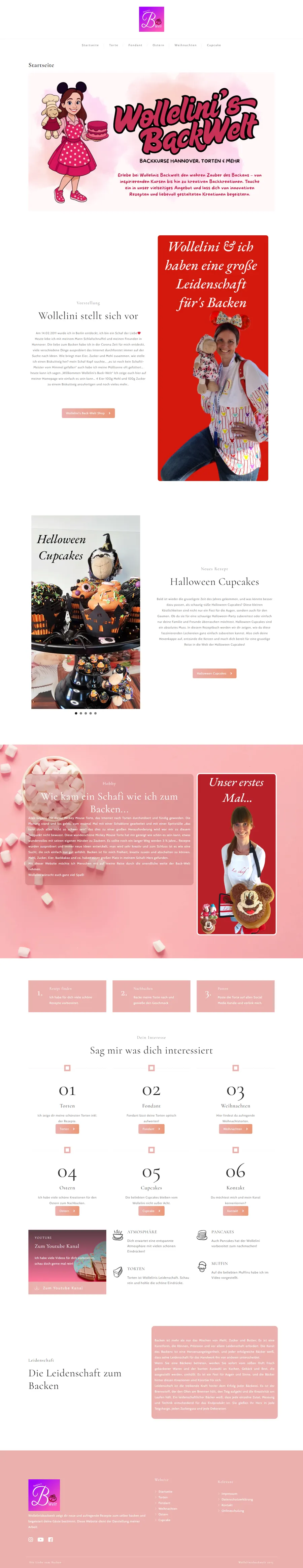 Startseite von Wollelinis Backwelt: Logo, Illustration mit Torte, Vorstellung und neue Rezepte