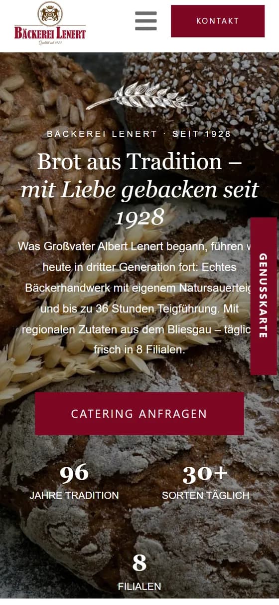 Startseite der Bäckerei Lenert auf dem Handy