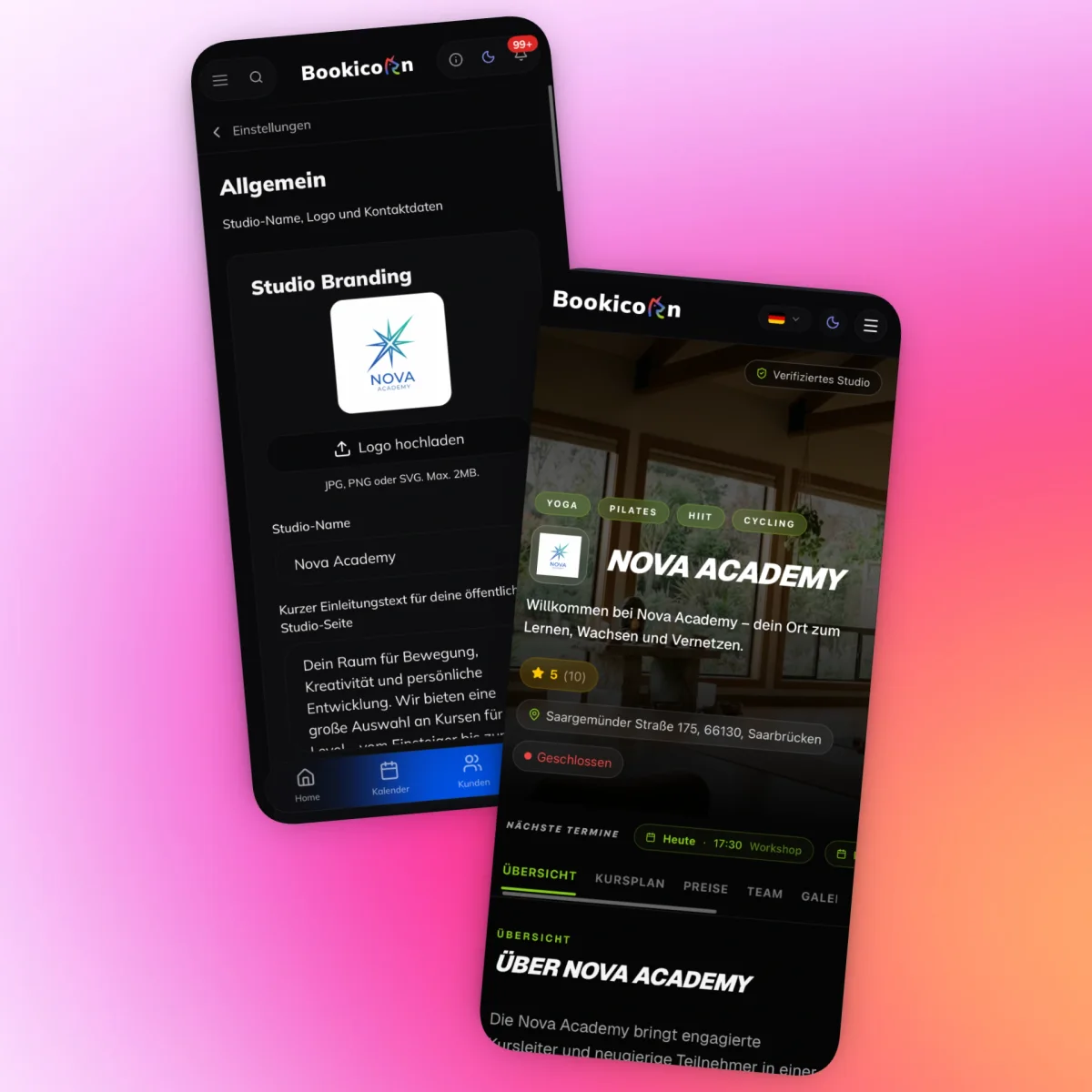 Bookicorn-App: Studio-Branding mit Logo und Einleitungstext, daneben die fertige öffentliche Studio-Seite auf dem Smartphone