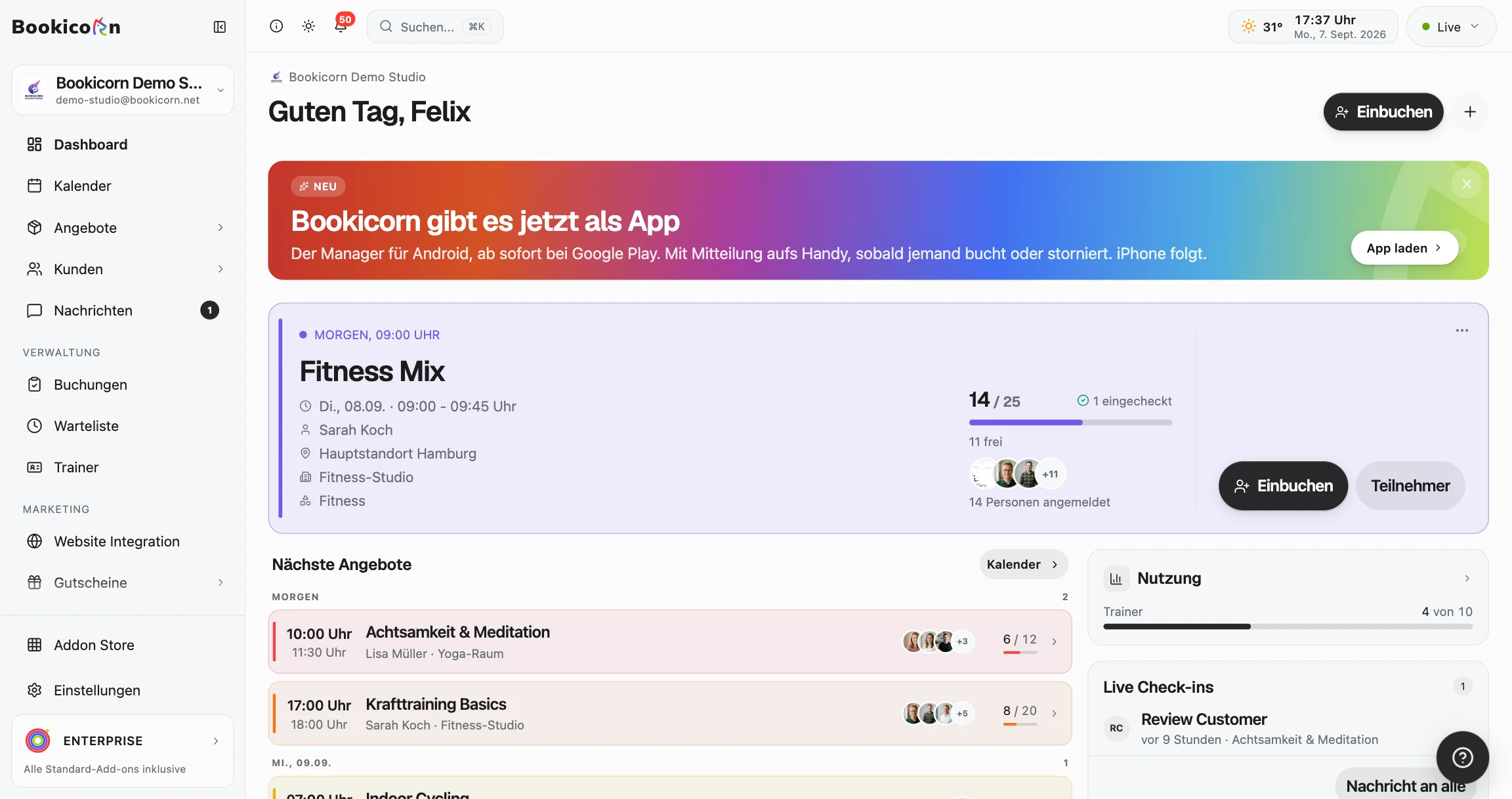 Bookicorn Manager-Dashboard mit Kursen, Buchungen, Auslastung und Live-Check-ins