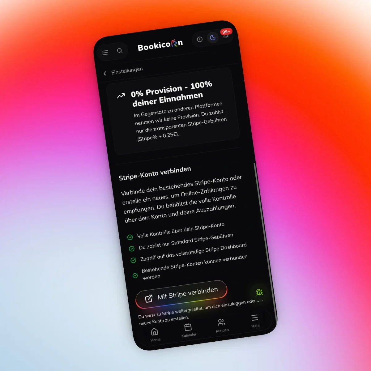 Bookicorn-App mit dem Hinweis „0 % Provision – 100 % deiner Einnahmen" und dem Dialog zum Verbinden des eigenen Stripe-Kontos