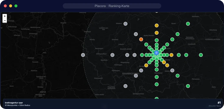Ranking-Karte aus Placora: 81 Messpunkte im Umkreis von 50 Kilometern, grün wo das Unternehmen vorn steht, grau wo es nicht gefunden wird