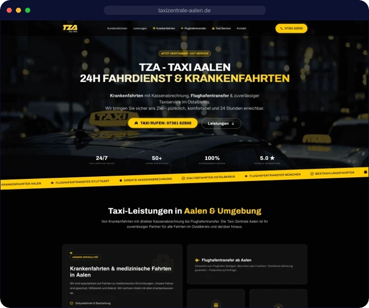 Startseite der Taxi-Zentrale Aalen: dunkles Design, Anruf-Knopf mit Telefonnummer, Hinweise auf 24-Stunden-Fahrdienst, Krankenfahrten und Flughafentransfer