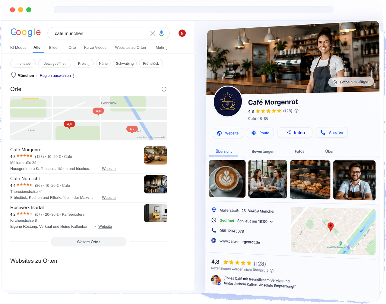 Google-Suche nach cafe muenchen mit dem betreuten Profil auf Platz eins im lokalen Ergebnisblock, daneben die Profilansicht