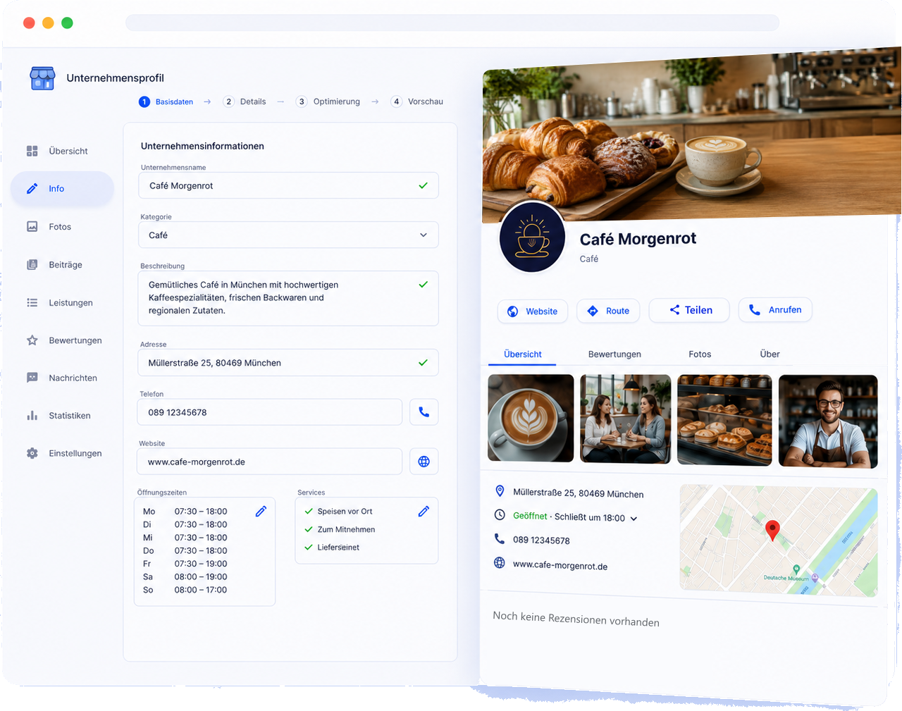 Google Unternehmensprofil im Management — Profil-Editor mit Live-Vorschau