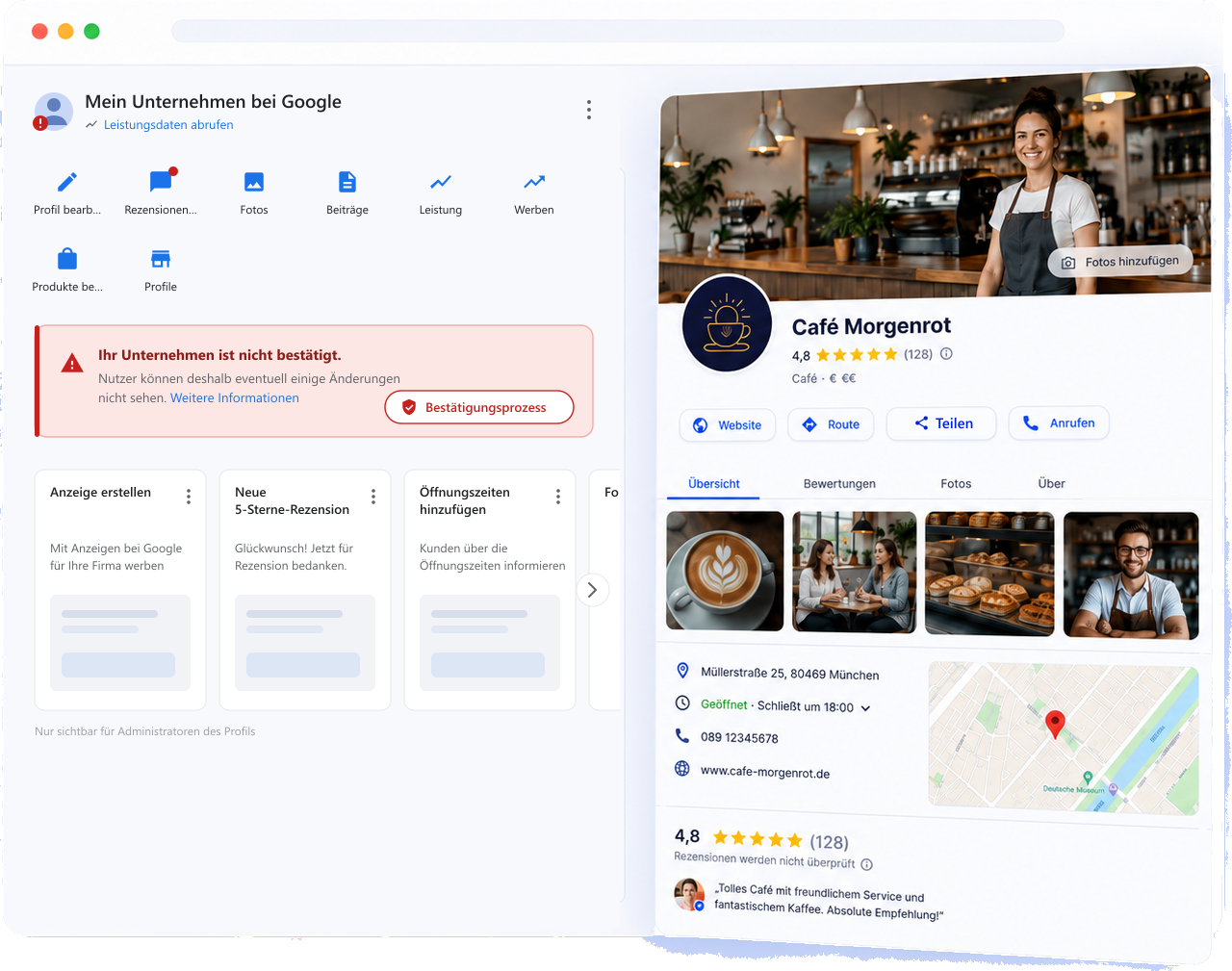 Google Unternehmensprofil im Management — Verifizierungsablauf mit geprueften Angaben und Profilvorschau