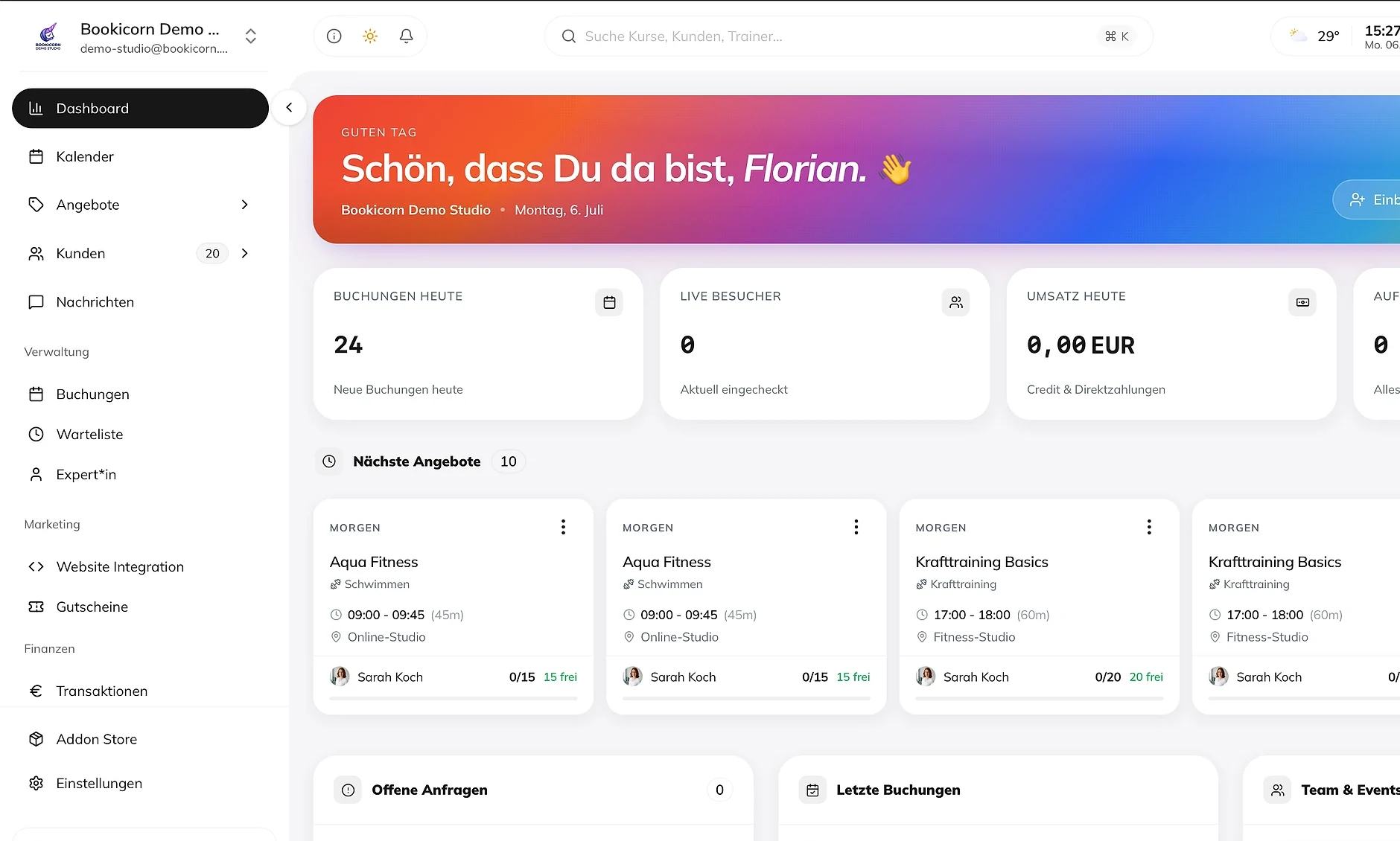 Bookicorn Studio-Dashboard mit Buchungen und Umsatz des Tages, kommenden Kursen, Trainerzuordnung und freien Plätzen